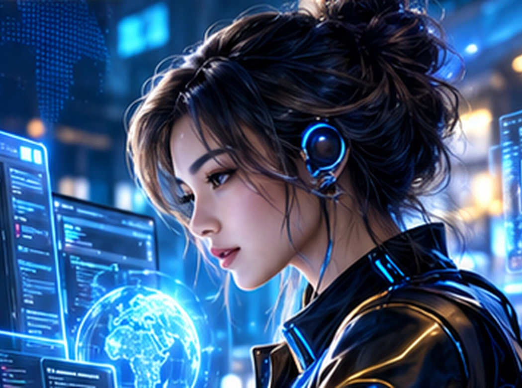 Visual ilustratif asisten AI dengan tampilan coding di workstation futuristik